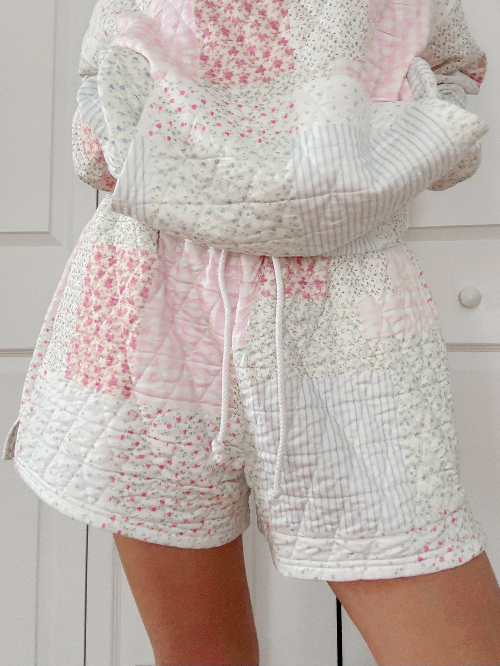 Sunkissed coconut Patchwork Pastel Quilted Shorts in Pink and White